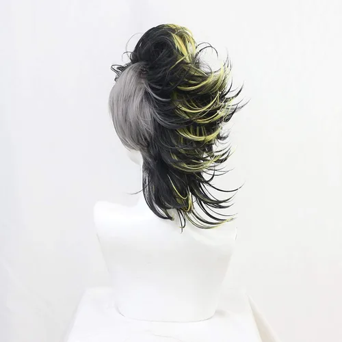 Vista 5 de SYIBOO Shinazugawa Genya Cosplay Pelucas Anime Kimetsu No Yaiba Peluca de pelo de fibra de alta temperatura estilo negro y amarillo