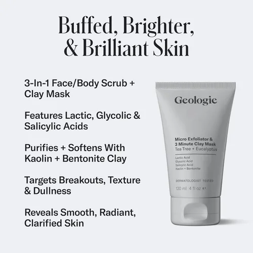 Vista 2 de Geologie Micro exfoliante y máscara de arcilla Lavado facial de limpieza profunda 3 en 1, máscara de refinación de poros y exfoliante