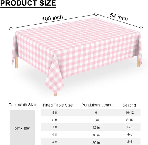 Vista 2 de 6 manteles desechables de plástico a cuadros rosados para fiestas, impermeables, rectangulares, color rosa y blanco, para campamento, cumpleaños
