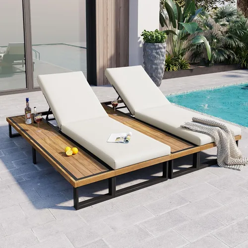 Vista 31 de Tumbona reclinable para patio al aire libre con respaldo ajustable de 5 posiciones y mesa auxiliar de madera, silla lounge para todo tipo de clima
