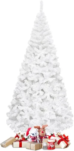 Vista 16 de DREAMADE Árbol de Navidad blanco de 6 pies, árbol de Navidad artificial de abeto sin iluminación con 650 ramas completas y base de metal plegable