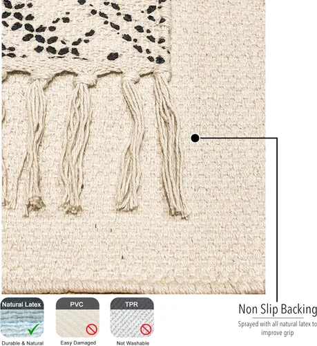 Vista 6 de Chardin home Alfombra bohemia con diamantes de 20 x 32 pulgadas, color marfil y negro, con flecos tejidos a mano, perfecta para entrada, felpudo