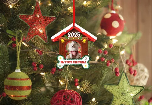 Vista 2 de FLYAB Adornos de la primera Navidad de Perros 2025-3.5 x 3.3 pulgadas, marco de fotos de perro acrílico, adorno personalizado para cachorro, adorno