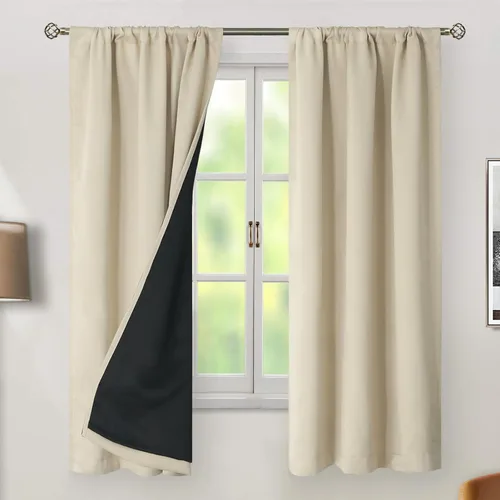 Vista 2 de BGment Cortinas 100% opacas beige de 63 pulgadas de largo con forro aislante térmico, bolsillo para varilla y lengüeta trasera de doble capa