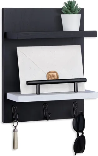 Vista 10 de Soporte de pared para llaves, decoración de estante de correo con 3 ganchos para llaves, organizador de pared de madera versátil para entrada