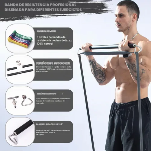 Vista 2 de Resistance Band Bar, Length-Adjustable Detachable Heavy Duty Workout Bar for Resistance Band Training, Core Muscle Training, Home & Ourdoor Workout
