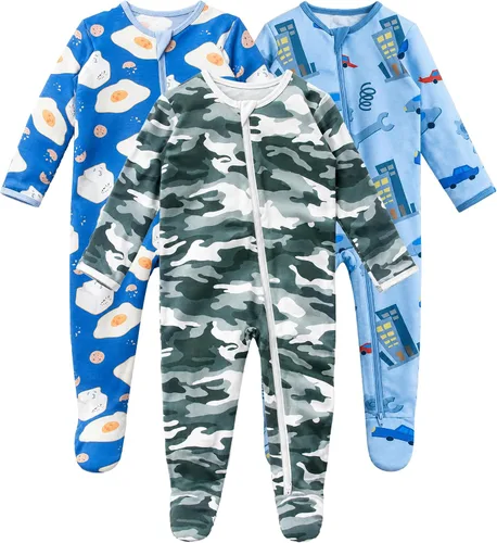 Vista 9 de Pijamas de bebé para niño con pies y puños, hechos de rayón de bambú, con cierre de dos vías y manga larga Celadon-aqua Green-pail Lila