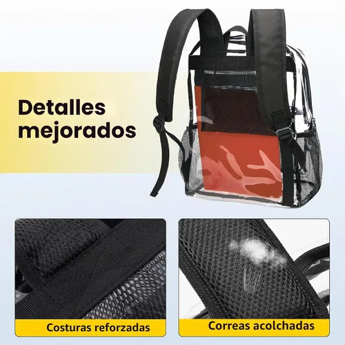 Vista 6 de Vorspack Mochila transparente para escuela, bolsa transparente resistente Negro
