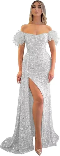 Vista 30 de Vestidos de fiesta de lentejuelas con hombros descubiertos, vestido formal de sirena brillante, vestido largo de fiesta de noche con abertura