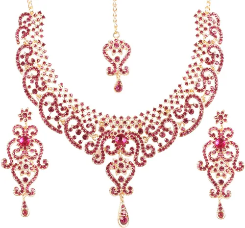 Vista 34 de Conjunto precioso de collar con look real Indian Bollywood, maravillosamente decorado, conjunto de collar adornado para mujer.
