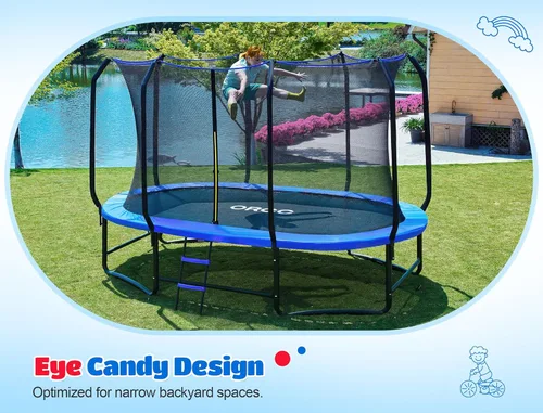 Vista 4 de ORCC Trampolín ovalado para exteriores con red de seguridad, trampolín de gimnasia recreativa para niños, trampolines de jardín con marco de acero