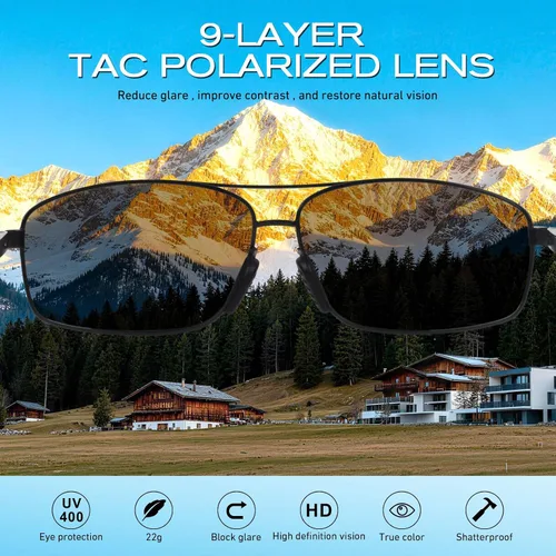 Vista 5 de Lentes de sol polarizados para hombre, ultra ligeros Al-Mg con bisagras de resorte, 100% protección UV400 para hombre Lente gris oscuro del marco