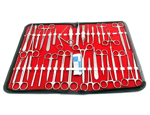 Vista 2 de Kit de 157 instrumentos de veterinaria de la marca OdontoMed2011. Tijeras. Forceps. Porta-agujas. Bisturí Handel. ODM de acero inoxidable