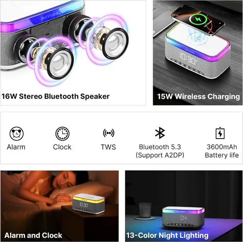 Vista 2 de Altavoz Bluetooth S300, altavoz portátil inalámbrico con carga inalámbrica de 15 W, luz nocturna de 13 colores, alarma, estéreo de 16 W, TWS, BT5.3