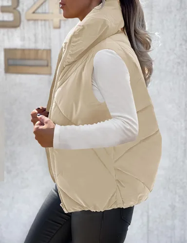 Vista 2 de MEROKEETY Chaleco acolchado para mujer, sin mangas, con cremallera, con cuello alto, con bolsillos