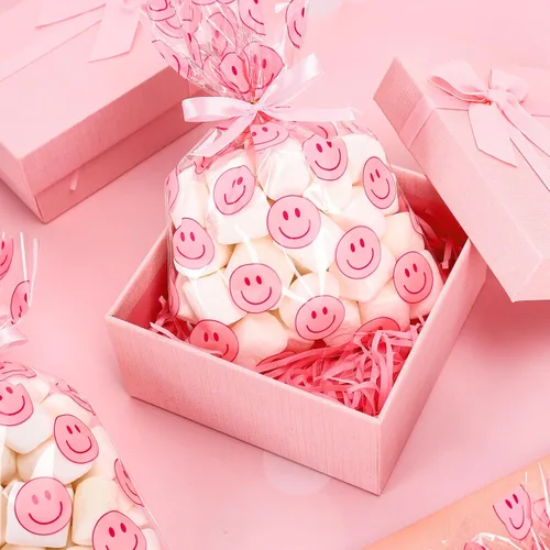 Vista 3 de Whaline 100 bolsas de celofán con patrón de sonrisa rosa con cintas, bolsas de golosinas para celofán con sonrisas, bolsas de golosinas
