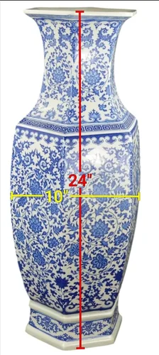 Vista 11 de 24" clásico azul y blanco hexagonal Lotus porcelana jarrón, jarrón de cerámica Jingdezhen, estilo Qing de China (D8)