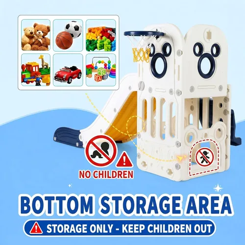 Vista 7 de Arlopu Juego de tobogán 6 en 1 para niños pequeños, tobogán resistente para niños con aro de baloncesto y telescopio, pasos antideslizantes, juego