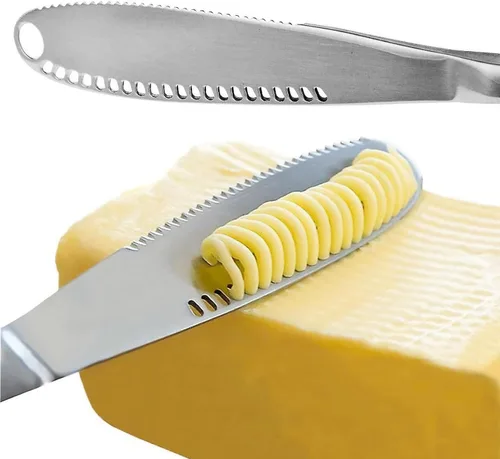 Vista 2 de Cuchillo de mantequilla de acero inoxidable Nevkha - Cuchillo listo para mantequilla de 3 en 1, esparcidor de mantequilla y gadget de cocina