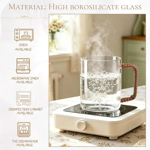 Vista 4 de Juego de 2 tazas de café de vidrio de borosilicato transparente de 16 onzas con mango tejido estilo ratán, taza de café de granja para café