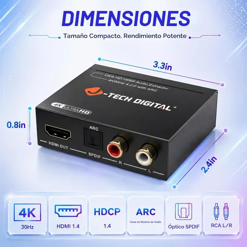 Vista 5 de J-Tech Digital Convertidor extractor de audio HDMI 4K 60Hz con óptica SPDIF, 3 modos de audio EDID, paso HDCP y soporte de sistema AV heredado
