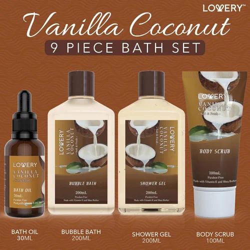 Vista 2 de Canasta de regalo de baño y cuerpo para mujeres y hombres, juego de 9 piezas de vainilla y coco, para spa en casa, incluye lociones fragantes
