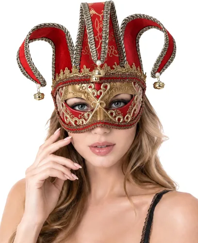 Vista 7 de Zinniday Máscara veneciana de bufón para mascarada, máscaras de comedia Oro y rojo
