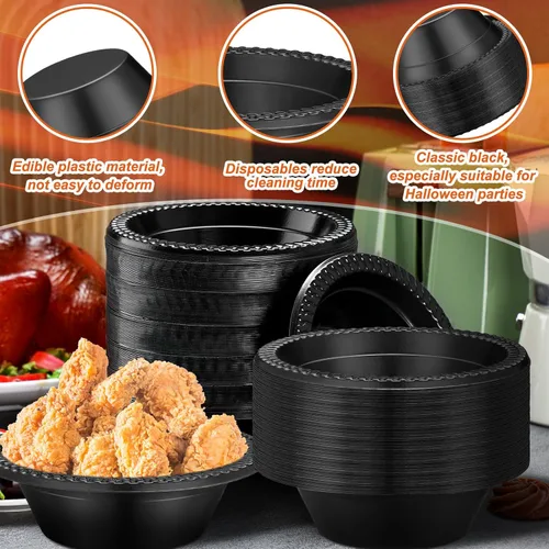 Vista 3 de Lallisa 160 cuencos de plástico desechables negros de 12 onzas, tazas de postre para Halloween, helado, aperitivos, ensalada, sopa, cuencos