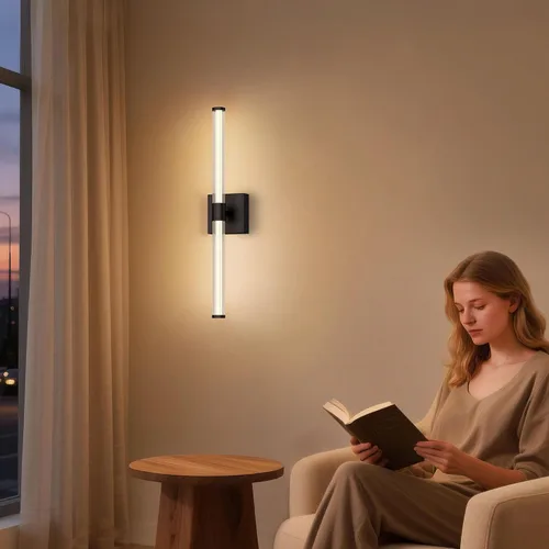 Vista 5 de Tubicen Luz de tocador lineal negra vertical LED luz de pared 360° iluminación completa 12W Horizontal baño tubo barra luz sobre espejo 25 pulgadas