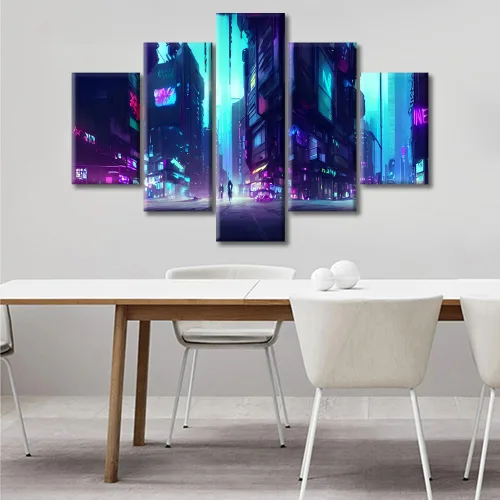 Vista 66 de Cuadros de 5 paneles de Cyberpunk City, arte de pared, representación de vallas publicitarias, edificios modernos en la capital con obras de arte