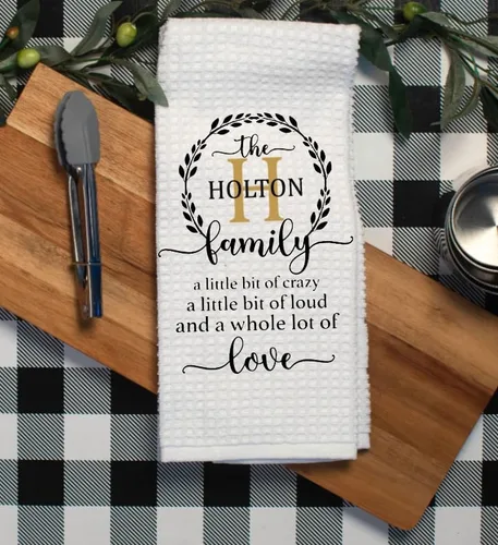 Vista 3 de Family Monogram - A Little Bit Of Crazy - Kitchen Towel - Personalized with any name. Microfiber White Waffle Weave Towel. 16 x 24 in. Absorbent, No