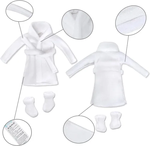 Vista 5 de E-TING Ropa de Santa Blanca Albornoz Accesorios de Navidad para muñeca elfo Bata de baño de Papá Noel blanco suave, accesorios de decoración