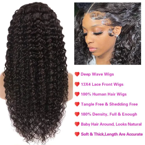 Vista 4 de Pelucas de cabello humano ondulado profundo con encaje frontal de 13 x 4, densidad del 180 %, pelucas de cabello humano rizado con encaje frontal