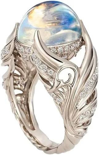 Vista 2 de Anillo de plata de ley 925 espiritual con alas de ángel, anillo de boda, joyería de diamante de piedra lunar, accesorio casual, anillos de compromiso