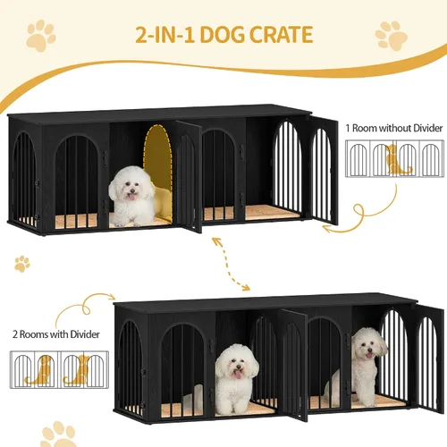 Vista 4 de Hzuaneri 63" Mueble de jaula para perros para 2 perros, jaula de perro interior resistente con soporte para TV, jaula de madera para perros L