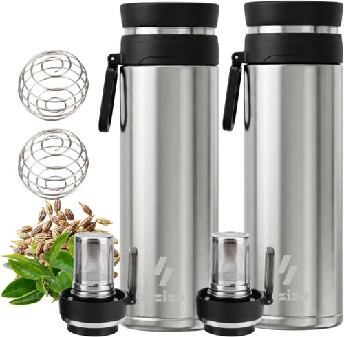 Vista 9 de Ozizo Paquete de 2 botellas infusoras de té para té de hojas sueltas Infusor de hierbas de acero inoxidable de 18 onzas Botella de agua con Azul