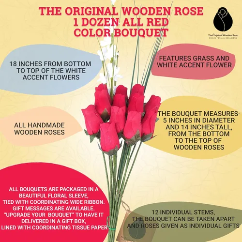 Vista 3 de Ramos originales de rosas de madera en 1, 2, o 3 docenas, Madera de abedul, Todo rojo, 1 Docena