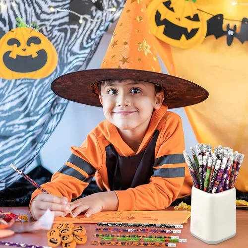 Vista 4 de Zuazaor 24 lápices de Halloween con borradores a granel para suministros escolares de oficina, juego de lápices de madera para Halloween, Navidad
