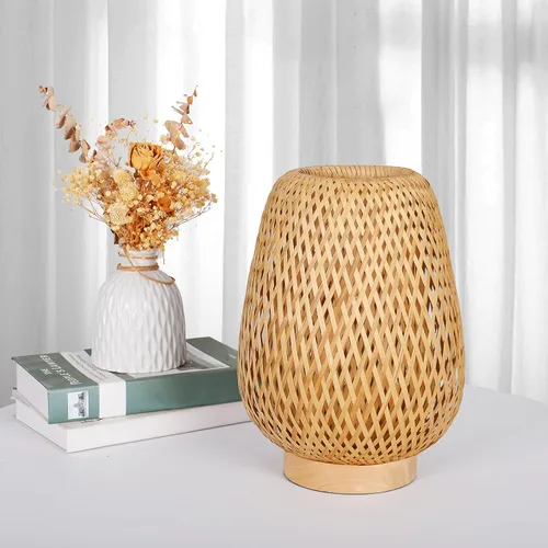 Vista 7 de Lámpara de mesa de ratán bohemia, regulable y pequeña al lado de la lámpara, mesita de noche de madera de mimbre natural, estilo bohemio, de bambú