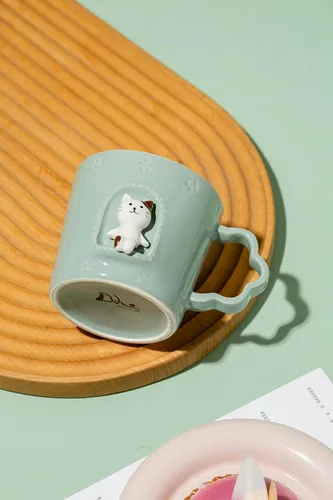 Vista 4 de DIHOclub Taza de cerámica con diseño de gato, ventana con animales, figura de cerámica hecha a mano, tazas lindas de dibujos animados, regalo