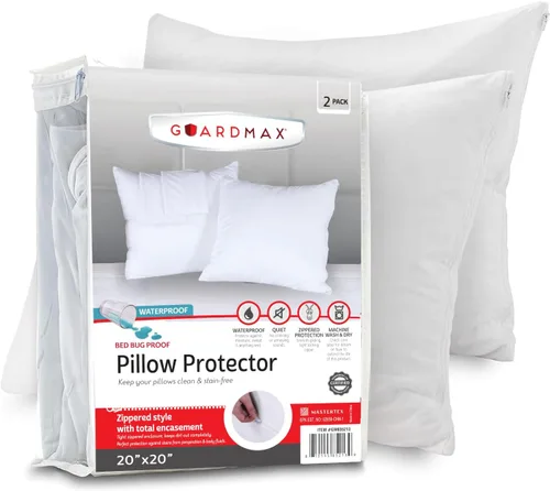 Vista 20 de Guardmax - Protector de almohada resistente al agua y a prueba de chinches - Con zipper - Juego de 2 - Silencioso, Poliuretano, Blanco, Estándar