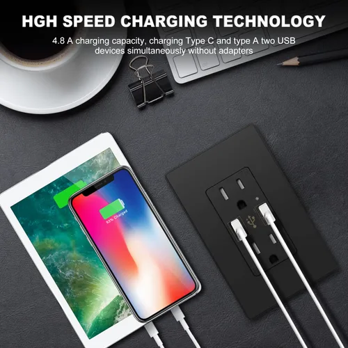 Vista 5 de Micmi Toma USB con enchufe C + A de pared dual de alta velocidad inteligente con capacidad de carga rápida de 4.8 A, 15 amperios y 125 voltios