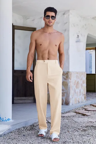 Vista 4 de PASLTER Pantalones sueltos de algodón y lino para hombre, casuales, ligeros, sin pinzas, pantalones de yoga y playa para hombres