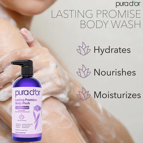 Vista 2 de PURA D'OR Gel de baño Promesa Duradera de 16 onzas – Aroma de lavanda calmante – Base de aloe vera, infundido con aceite de romero y manzanilla – pH