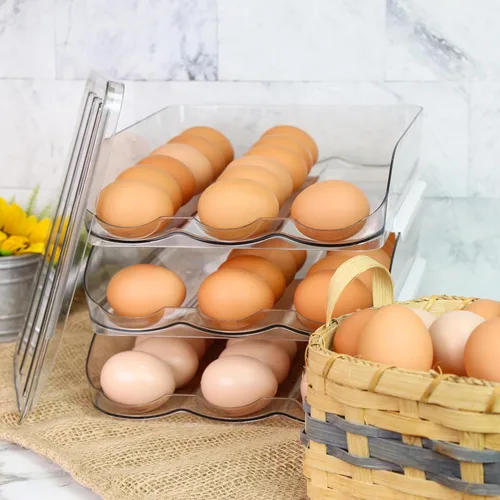 Vista 6 de Creekview Home Emporium Recipiente para huevos para refrigerador, cajón de plástico transparente apilable de 3 niveles, 4 docenas de capacidad
