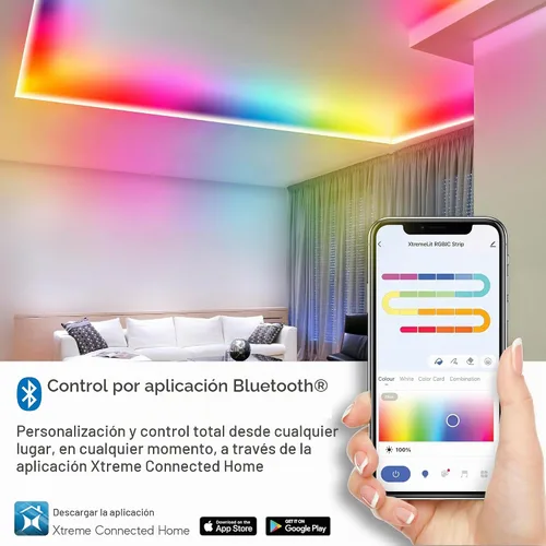 Vista 4 de XTREME Tira de luz LED RGB+IC, tira de luz LED de 50 pies para interiores, reactiva con sonido multicolor, control de aplicación Bluetooth, luces