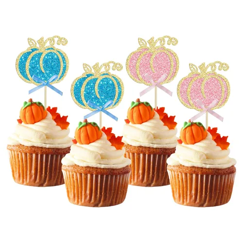Vista 18 de Gyufise 24 piezas de decoración de cupcakes de calabaza con purpurina para temática de otoño, Acción de Gracias, Halloween, baby shower, niños