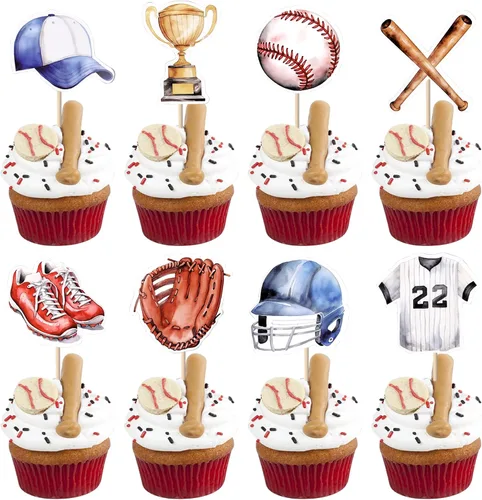 Vista 15 de 24 piezas de adornos para cupcakes de béisbol con purpurina, jugadores de béisbol, temática deportiva, adornos para magdalenas, temática deportiva