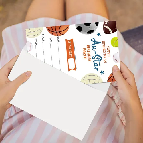 Vista 3 de All Star - Tarjetas de invitaciones para fiestas de cumpleaños, suministros para fiestas deportivas para niños, niños o niñas, 20 invitaciones