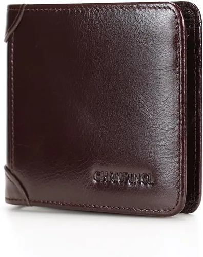 Vista 26 de Billetera de piel triple con bloqueo RFID para hombre con 2 ventanas de identificación, 2 compartimentos para efectivo, 6-8 ranuras para tarjetas